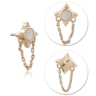 STERILE 14K YELLOW GOLD THREADLESS TOP ROUND INLAY BEADED QUAD WITH CHAIN DRAPE