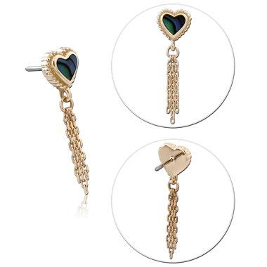 STERILE 14K YELLOW GOLD THREADLESS TOP HEART INLAY WITH CHAIN TASSEL