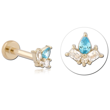 14K YELLOW GOLD WITH GOLD PVD TITANIUM THREADLESS LABRET BLUE TEARDROP BAGUETTE CLUSTER