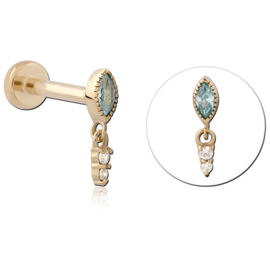 14K YELLOW GOLD WITH GOLD PVD TITANIUM THREADLESS LABRET FAN MOTIF PINK GEM