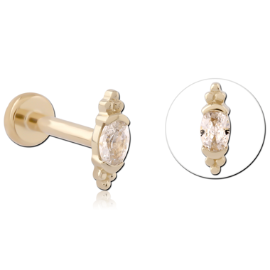 14K YELLOW GOLD THREADLESS LABRET MARQUISE GEM BEADED CROWN