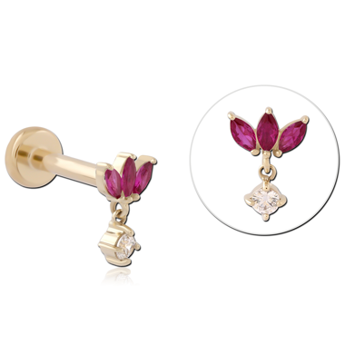 14K YELLOW GOLD WITH GOLD PVD TITANIUM THREADLESS LABRET TRIPLE MARQUISE CLEAR GEMS