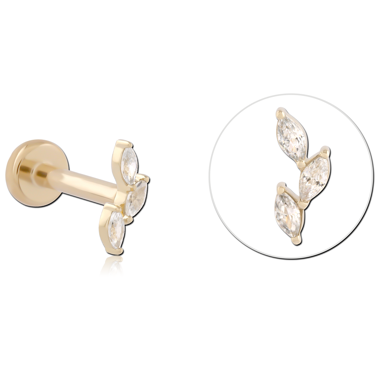 14K YELLOW GOLD WITH GOLD PVD TITANIUM THREADLESS LABRET THREE MARQUISE CLEAR GEMS