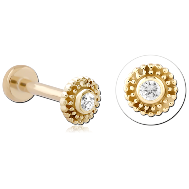 14K YELLOW GOLD THREADLESS LABRET BEADED HALO ROUND GEM