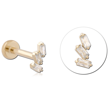 14K YELLOW GOLD WITH GOLD PVD TITANIUM THREADLESS LABRET TRIPLE BAGUETTE CLEAR GEMS