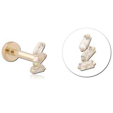 14K YELLOW GOLD TOP WITH GOLD PVD COATED TITANIUM THREADLESS LABRET TRIPLE BAGUETTE GEMS