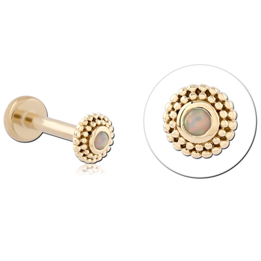 14K YELLOW GOLD TOP WITH GOLD PVD COATED TITANIUM THREADLESS LABRET OPAL BEADED HALO