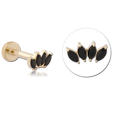 14K YELLOW GOLD TOP WITH GOLD PVD COATED TITANIUM THREADLESS LABRET MARQUISE BLACK TRIO