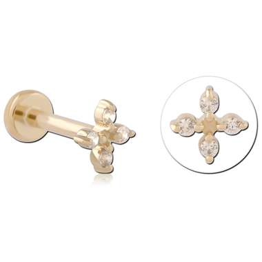 14K YELLOW GOLD THREADLESS LABRET FOUR MARQUISE CROSS GEM