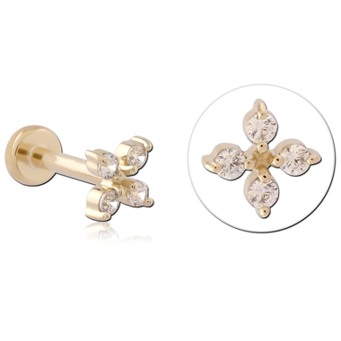14K YELLOW GOLD TOP WITH GOLD PVD COATED TITANIUM THREADLESS LABRET FOUR GEM CLOVER