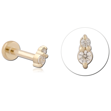 14K YELLOW GOLD THREADLESS LABRET VERTICAL DOUBLE ROUND GEM WITH BEAD ACCENTS
