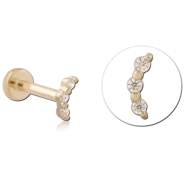 14K YELLOW GOLD THREADLESS LABRET CURVED FOUR GEM CLUSTER ROW DESIGN