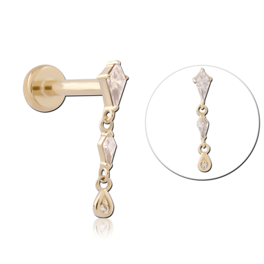 14K YELLOW GOLD THREADLESS LABRET GEOMETRIC DANGLE WITH KITE MARQUISE AND TEARDROP