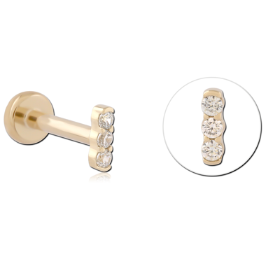 14K YELLOW GOLD THREADLESS LABRET TRIPLE ROUND GEM VERTICAL BAR CLUSTER
