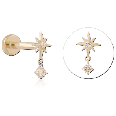 14K YELLOW GOLD THREADLESS LABRET STAR WITH DANGLING GEM CHARM