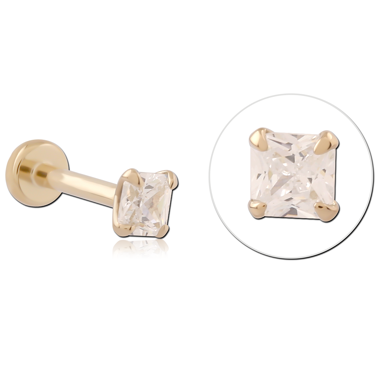 14K YELLOW GOLD THREADLESS LABRET PRONG SET PRINCESS CUT CLEAR GEM
