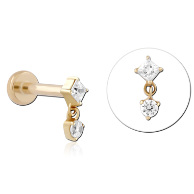 14K YELLOW GOLD TOP WITH TITANIUM THREADLESS LABRET SQUARE GEM WITH ROUND GEM CHARM