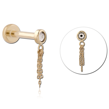 14K YELLOW GOLD TOP WITH TITANIUM THREADLESS LABRET BEZEL ACCENT WITH CHAIN TASSEL CHARM