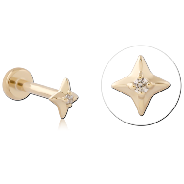 14K YELLOW GOLD TOP WITH TITANIUM THREADLESS LABRET FOUR POINT STAR CENTER GEM