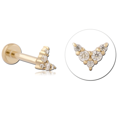 14K YELLOW GOLD TOP WITH TITANIUM THREADLESS LABRET CHEVRON FIVE GEM CLUSTER