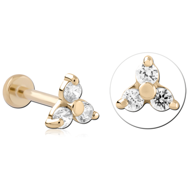 14K YELLOW GOLD TOP WITH GOLD PVD TITANIUM THREADLESS LABRET TRIPLE ROUND GEM CLUSTER