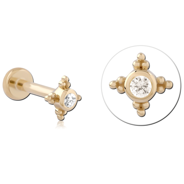 14K YELLOW GOLD TOP WITH TITANIUM THREADLESS LABRET BEADED CROSS BEZEL GEM