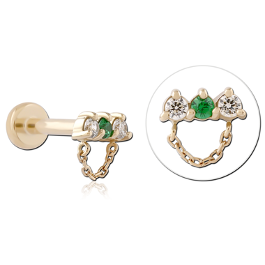 14K YELLOW GOLD TOP WITH GOLD PVD TITANIUM THREADLESS LABRET GEM WITH CHAIN CHARM
