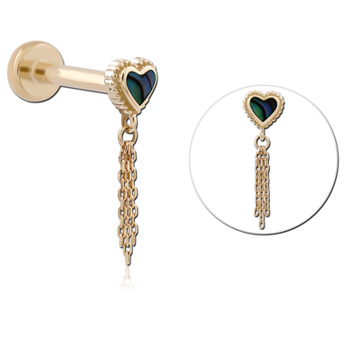 14K YELLOW GOLD TOP WITH GOLD PVD TITANIUM THREADLESS LABRET HEART INLAY WITH TASSEL