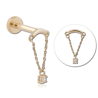 14K YELLOW GOLD TOP WITH GOLD PVD TITANIUM THREADLESS LABRET WITH CHAIN GEM CHARM