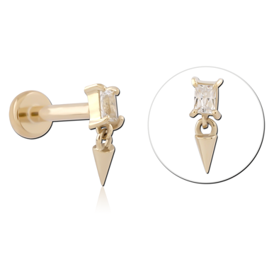 14K GOLD TOP WITH GOLD PVD TITANIUM THREADLESS LABRET SQUARE GEM WITH SPIKE CHARM