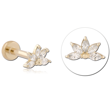 14K YELLOW GOLD TOP WITH GOLD PVD TITANIUM THREADLESS LABRET LOTUS MARQUISE CLUSTER