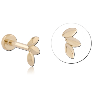 14K YELLOW GOLD THREADLESS LABRET TRIPLE LEAF CLUSTER RIGHT
