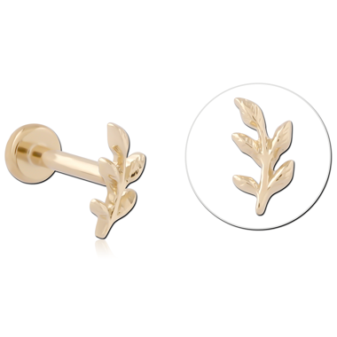 14K YELLOW GOLD LEAF BRANCH LEFT TOP WITH GOLD PVD COATED TITANIUM THREADLESS LABRET