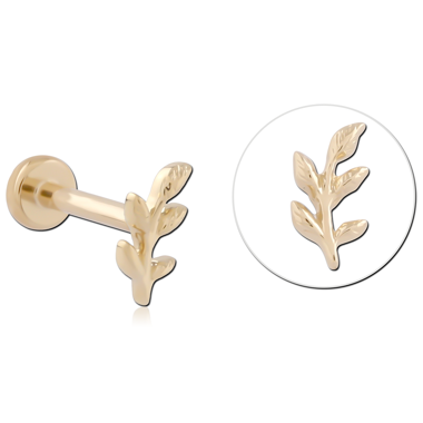 14K YELLOW GOLD LEAF BRANCH RIGHT TOP WITH GOLD PVD COATED TITANIUM THREADLESS LABRET