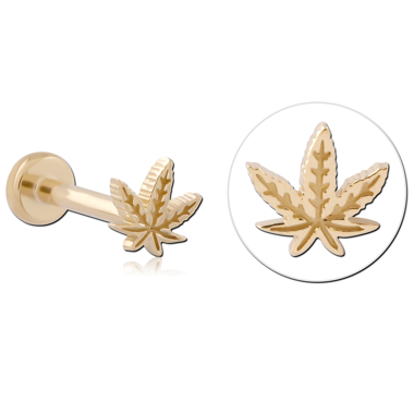 14K YELLOW GOLD CANNABIS LEAF TOP WITH GOLD PVD COATED TITANIUM THREADLESS LABRET