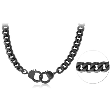 BLACK PVD COATED STAINLESS STEEL CUBAN NECK CHAIN WITH HANDCUFFS 50CMS