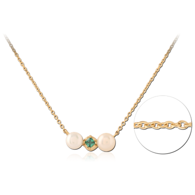 GOLD PVD 18K COATED SURGICAL STEEL NECKLACE DOUBLE PEARL AND GREEN GEM