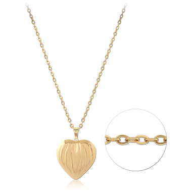 GOLD PVD 18K COATED 316L SURGICAL STEEL NECKLACE RIDGED HEART PENDANT