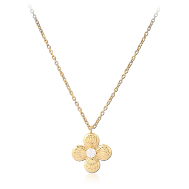 GOLD PVD 18K COATED 316L SURGICAL STEEL NECKLACE JEWELED FOUR PETAL FLOWER PENDANT
