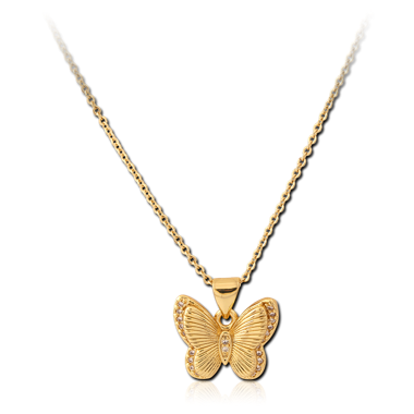GOLD PVD 18K COATED 316L SURGICAL STEEL NECKLACE BUTTERFLY PENDANT TEXTURED WINGS PAVE GEMS