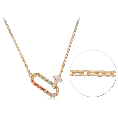 GOLD PLATED 18K STERLING SILVER 925 NECKLACE RAINBOW GEM OVAL LINK WITH SQUARE GEM
