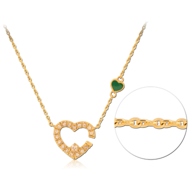 GOLD PVD COATED SURGICAL STEEL NECKLACE OPEN HEART PENDANT WITH GREEN ENAMEL CHARM