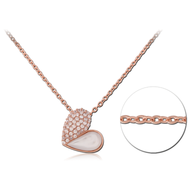 ROSE GOLD PVD COATED SURGICAL STEEL NECKLACE HEART PENDANT PAVE CRYSTALS WHITE INLAY
