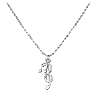 NICKEL FREE RHODIUM PLATED BALL CHAIN NECKLACE WITH JEWELED MUSICAL NOTES BRASS PENDANT