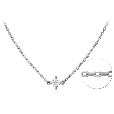 316L SURGICAL STEEL NECKLACE SQUARE GEM STATION CABLE CHAIN PENDANT
