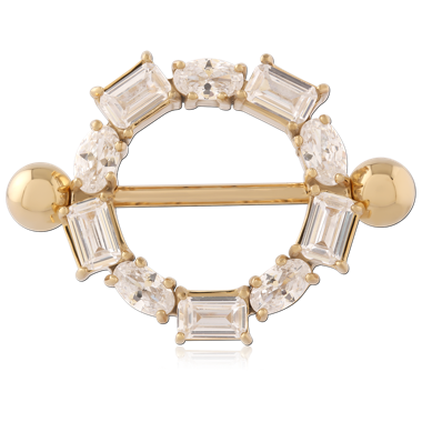 316L GOLD PVD 18K COATED SURGICAL STEEL NIPPLE SHIELD BARBELL BAGUETTE AND OVAL GEMS