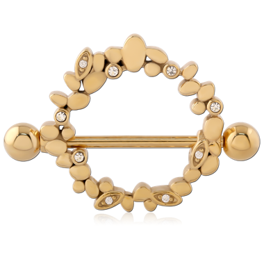 316L GOLD PVD 18K COATED SURGICAL STEEL NIPPLE SHIELD BARBELL PEBBLE CLUSTER GEMS