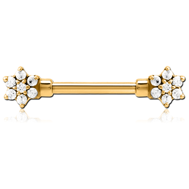 316L GOLD PVD COATED SURGICAL STEEL NIPPLE BARBELL STARBURST PRONG-SET GEM CLUSTER ENDS