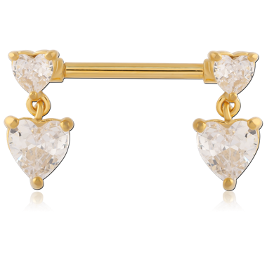 316L GOLD PVD COATED SURGICAL STEEL NIPPLE BARBELL WITH HEART GEM DANGLES