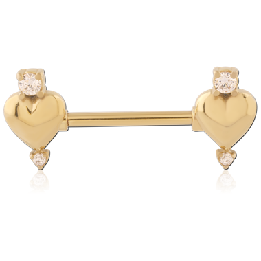 316L GOLD PVD COATED SURGICAL STEEL NIPPLE BARBELL SMOOTH HEART ENDS WITH GEM CHARMS